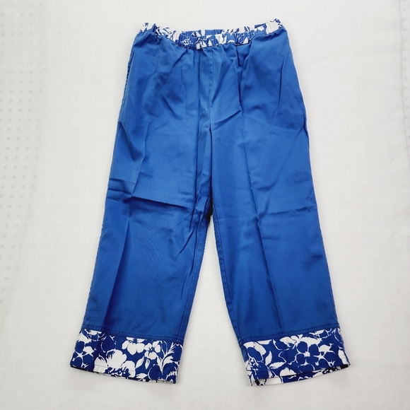 Vintage Orvis Cropped Capri Pants Blue Size 10 Women's Elastic Waist Floral - Picture 1 of 12